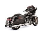 Black Harley Davidson touring motorcycle with saddlebags and chrome exhausts.