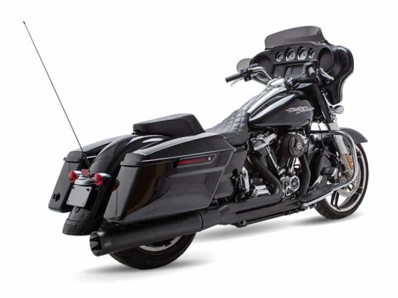 2-into-1 Sidewinder Exhaust - Black with Black End Cap. Fits Touring 2017up. Vivid black Harley-Davidson touring motorcycle with saddlebags and custom features.