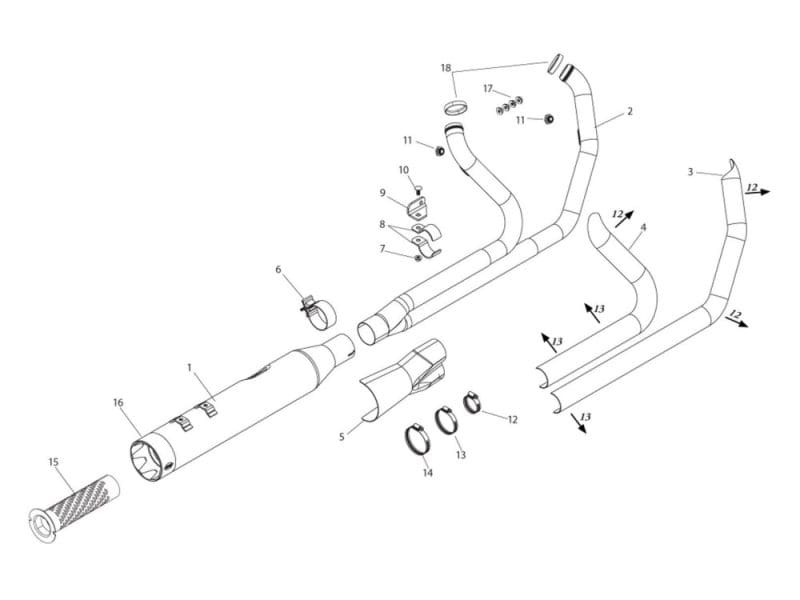 High-quality Revelry Motorcycles exhaust system diagram for custom motorcycle build and repair.