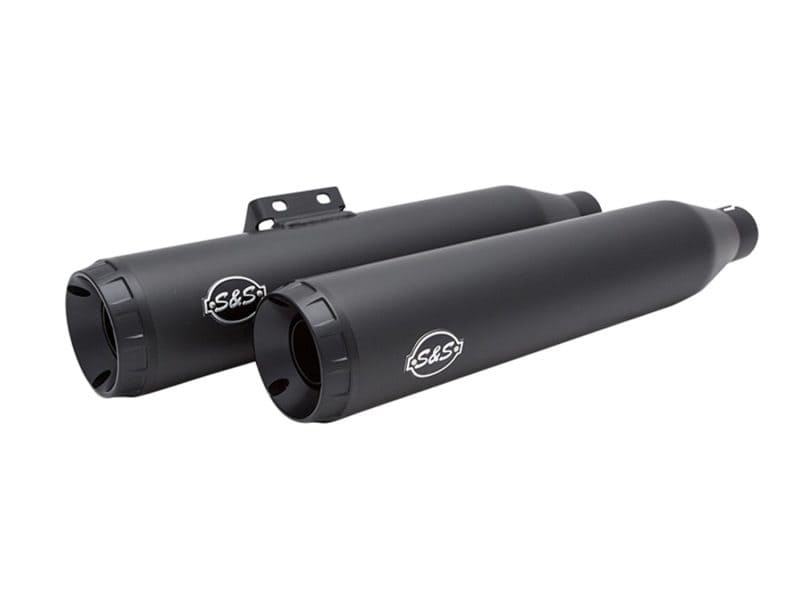High-performance black motorcycle exhaust silencers for Revelry Motorcycles, enhancing power and style.