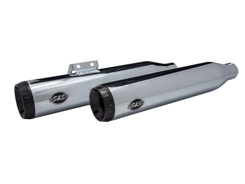 3-1/2in. Grand National Slip-On Mufflers - Chrome with Black End Caps. Fits Softail Slim High-performance motorcycle exhaust pipes for Revelry Motorcycles, premium chrome finish.