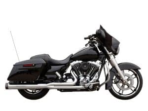Black touring motorcycle with custom upgrades and spacious saddlebags for long-distance rides.