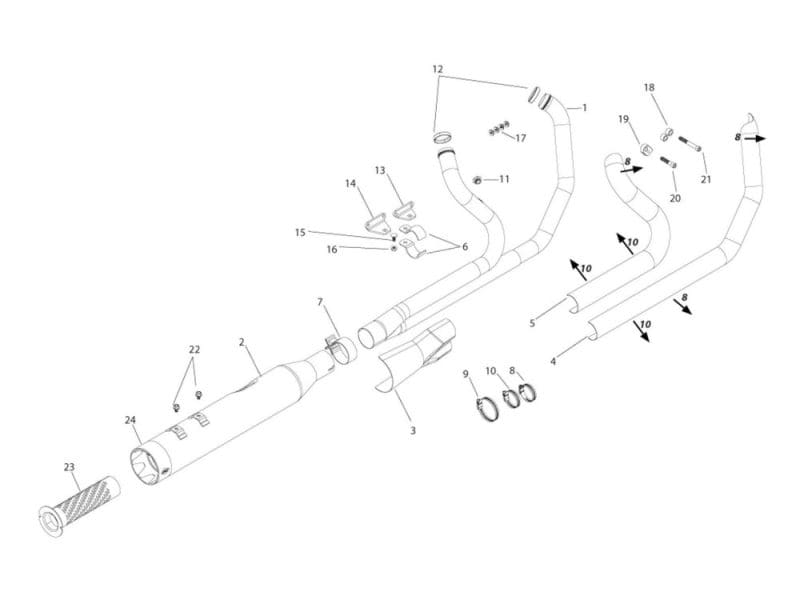 Aluminium motorcycle exhaust system outline with parts labeled.