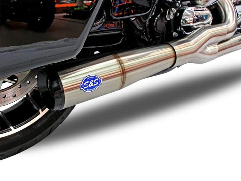 High-quality motorcycle exhaust pipe with S&S Performance logo, perfect for Revelry Motorcycles enthusiasts.
