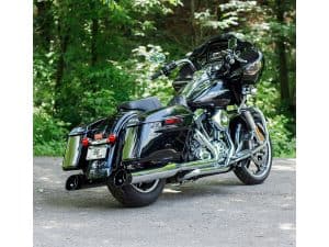 Vivid black touring motorcycle with chrome accents, perfect for scenic rides and long-distance travel.