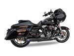 Black Harley-Davidson touring motorcycle with saddlebags and front fairing.