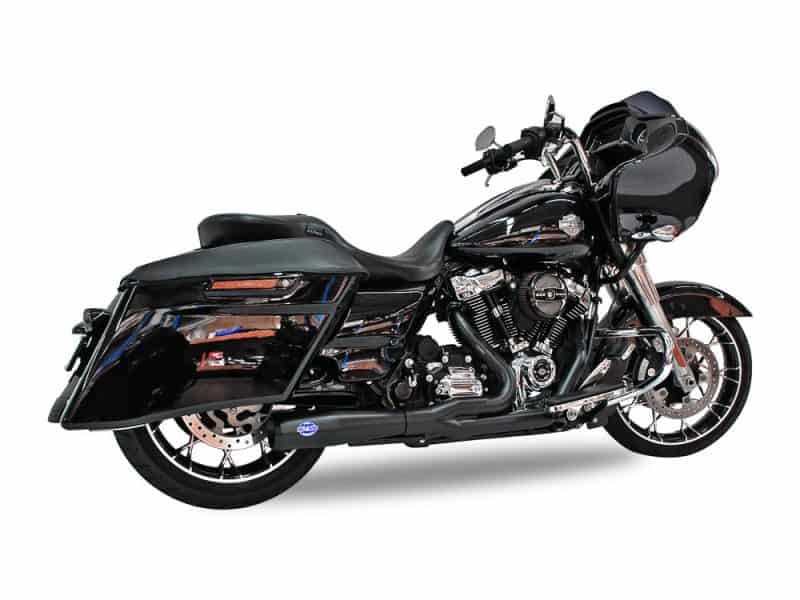Black Harley-Davidson touring motorcycle with saddlebags and front fairing.
