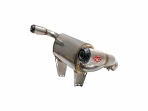 High-performance motorcycle exhaust system, stainless steel, for enhanced speed and sound.