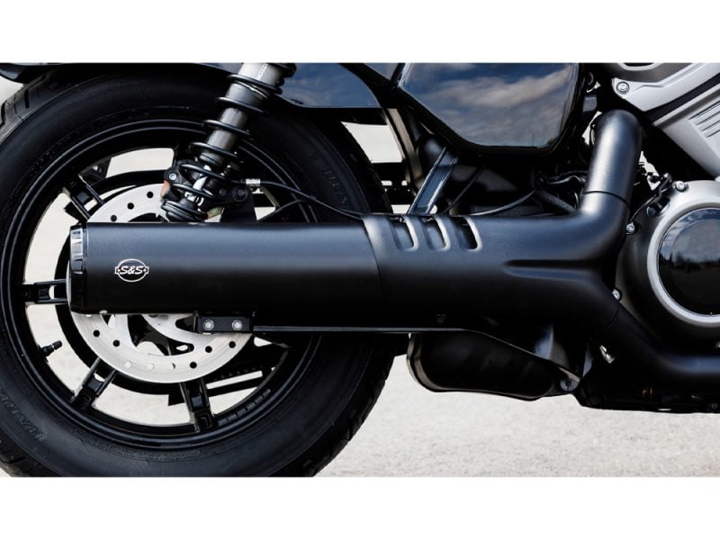 S&S exhaust system on cruiser motorcycle with black engine components and tyre.