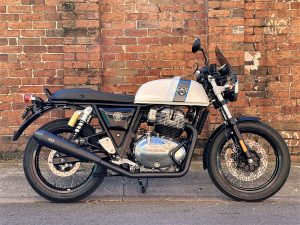 Vintage Royal Enfield motorcycle with custom retro design for sale at Revelry Motorcycles in Australia.