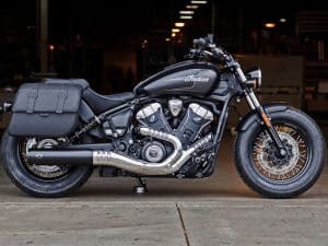 Motorcycle image, black Indian Scout Bobber with saddlebags at Revelry Motorcycles Australia.