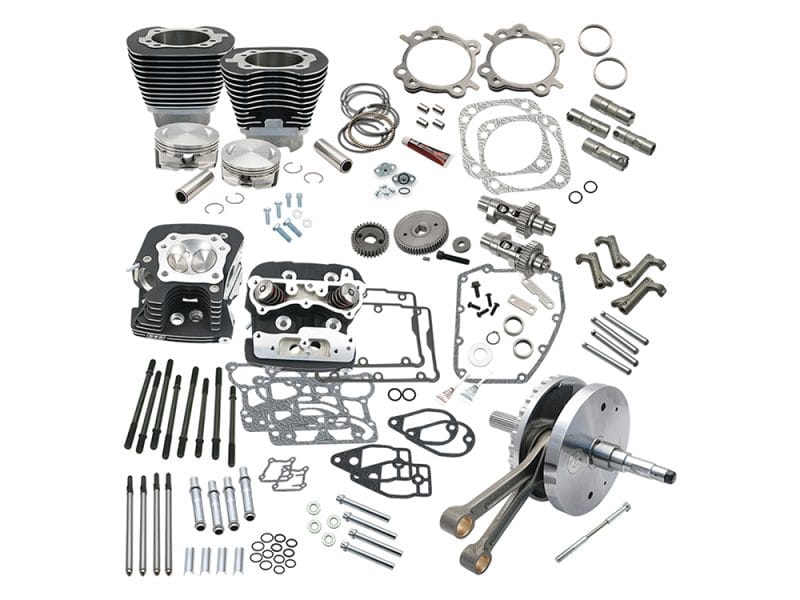 124ci Hot Set Up Kit with 91cc S&S Cylinder Heads - Black. Fits Twin Cam Softail 2007-2017. High-performance motorcycle engine parts, including pistons, crankshaft, gaskets for Revelry Motorcycles.
