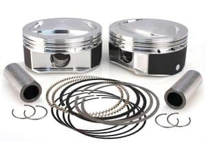 High-performance motorcycle pistons with connecting rods and piston rings for Revelry Motorcycles.