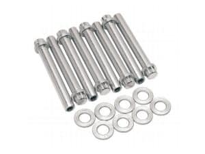 Chrome motorcycle link pins and washers, essential for motorcycle maintenance and repair.