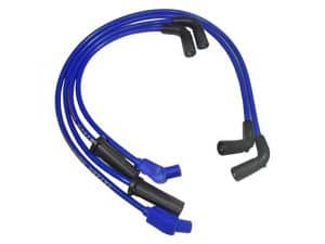 High-performance blue spark plug wires for motorcycle ignition systems.