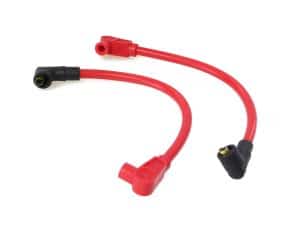Red motorcycle spark plug leads for Revelry Motorcycles, high-quality wiring accessories for Australian bikes.