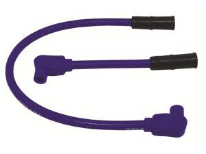 Flexible purple spark plug lead for motorcycle ignition system.