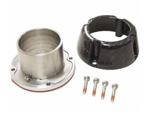High-performance motorcycle turbocharger component with black carbon fibre cover and stainless steel mounting flange.
