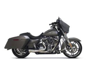 Harley Davidson touring motorcycle with custom grey paint and hard panniers, ideal for long-distance rides.