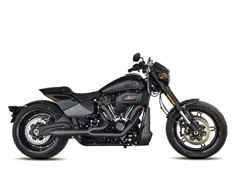 Megaphone Gen II 2-into-1 Exhaust - Black. Fits Softail Breakout & Fat Boy 2018-2024 Vibrant black motorcycle with custom detailing from Revelry Motorcycles, perfect for Australian bike enthusiasts.