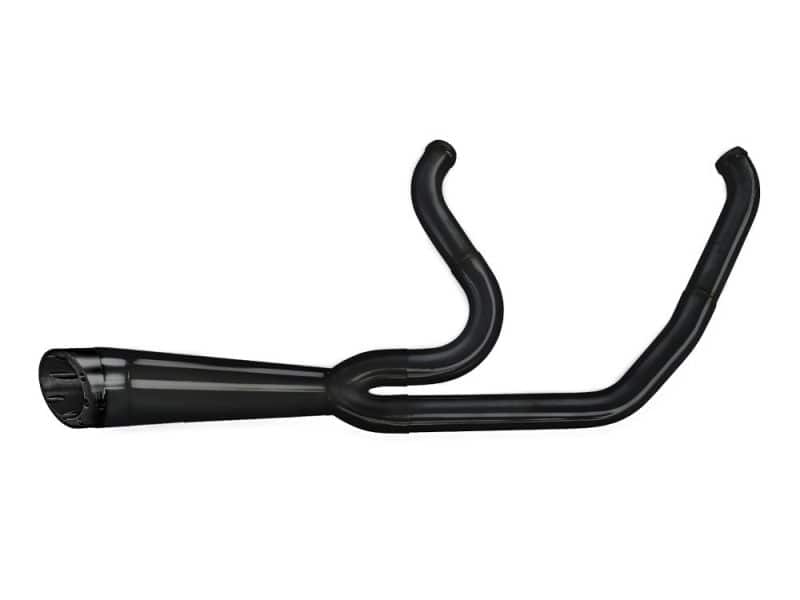 Shorty Turnout 2-into-1 Exhaust - Black with Black End Cap. Fits Breakout & Fat Boy 2018-2024 Exhaust pipe for motorcycles, black aftermarket Harley Davidson, Riley, custom pipes for street bikes.