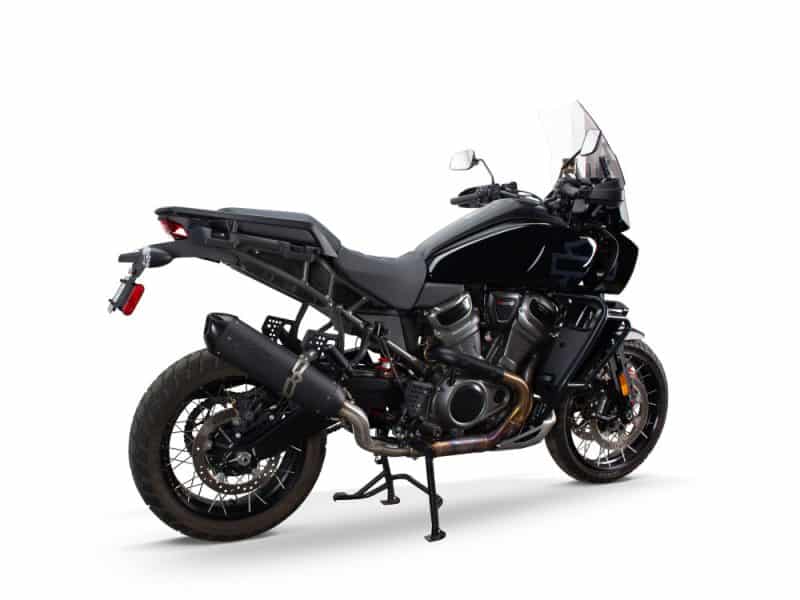 High-performance black adventure motorcycle with touring capabilities.