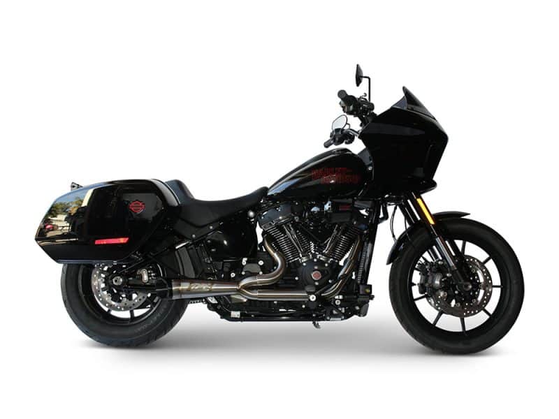 Shorty Turnout 2-into-1 Exhaust - Stainless Steel with Black End Cap. Fits Softail 2025up with Non-240 Rear Tyre Harley Davidson black touring motorcycle for sale in Australia.