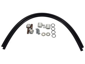 Rubber motorcycle brake or clutch hose with fittings and mounting hardware for Revelry Motorcycles.