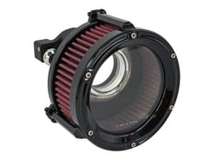 High-performance motorcycle air filter for Revelry Motorcycles, black and red design.