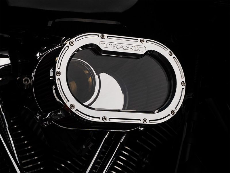 High-performance motorcycle air cleaner with TRASK branding for Revelry Cycles.