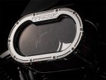 Polished motorcycle air cleaner cover with "TRASK" branding for custom Harley-Davidson bikes.