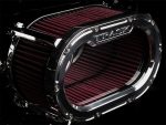 High-performance motorcycle air filter with chrome finish for enhanced engine airflow and protection.