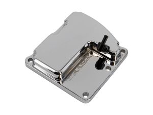 Polished motorcycle footrest mount for Revelry Motorcycles, high-quality chrome finish.