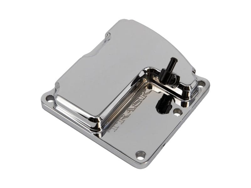 Polished motorcycle footrest mount for Revelry Motorcycles, high-quality chrome finish.