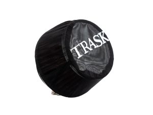Black motorcycle radiator fan guard cover with "TRASK" branding for custom Harley Davidson bikes.