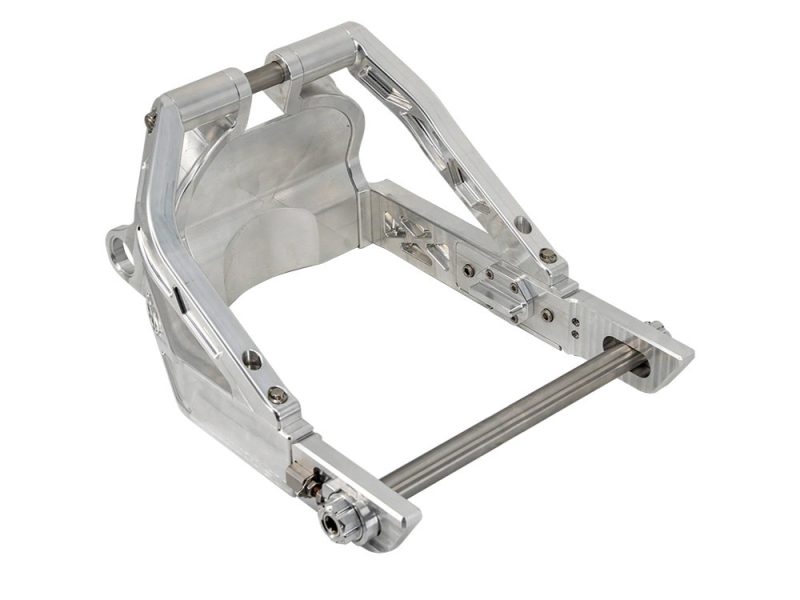 Aluminium motorcycle frame part for Revelry Motorcycles; high-quality bike components.