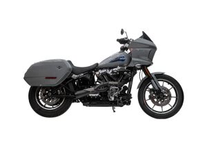 Harley-Davidson touring motorcycle with hard saddlebags and custom grey paint.
