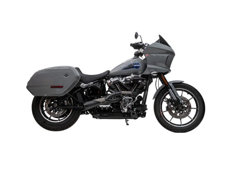 Harley-Davidson touring motorcycle with hard saddlebags and custom grey paint.