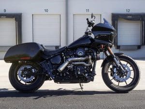 Harley-Davidson touring motorcycle with black finish and saddlebags.