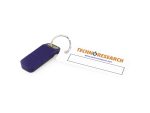 Blue motorcycle key fob with TechnoResearch tag, ideal for motorcycle accessories.