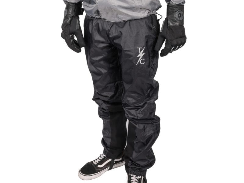 Black waterproof motorcycle pants with protective gear logo for Revelry Motorcycles Australia.
