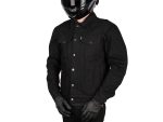 Dark black denim motorcycle jacket with protective features, ideal for riding enthusiasts.