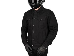 Dark black denim motorcycle jacket with protective features, ideal for riding enthusiasts.