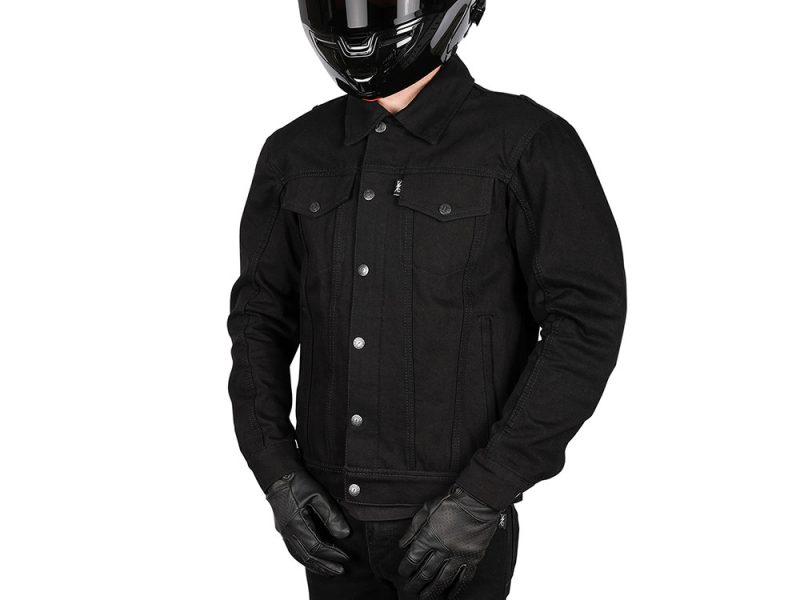 Dark black denim motorcycle jacket with protective features, ideal for riding enthusiasts.