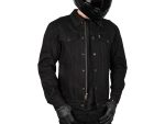 Black denim motorcycle jacket with protective padding for riding safety.