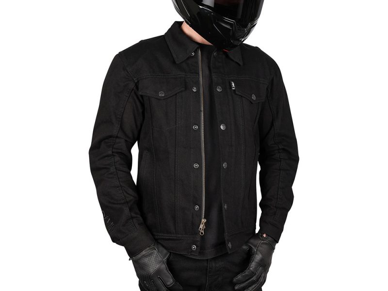 Black denim motorcycle jacket with protective padding for riding safety.