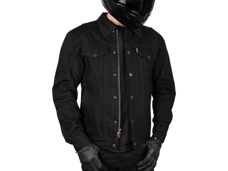 Black denim motorcycle jacket for Revelry Motorcycles riders, stylish and durable.