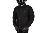 Stylish black denim motorcycle jacket with durable construction for riding enthusiasts.