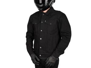 Stylish black denim motorcycle jacket with durable construction for riding enthusiasts.