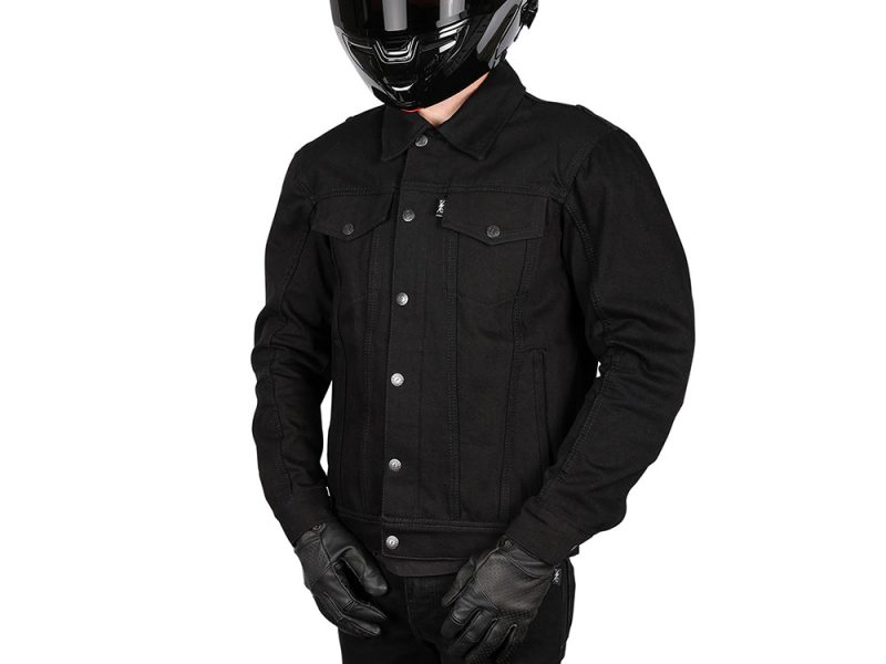 Stylish black denim motorcycle jacket with durable construction for riding enthusiasts.